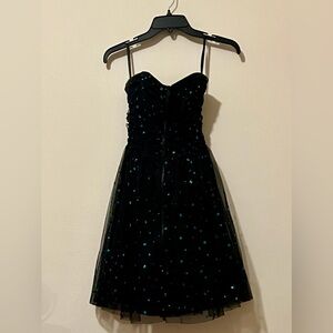 Black Strapless Dress with Blue Polka Dots